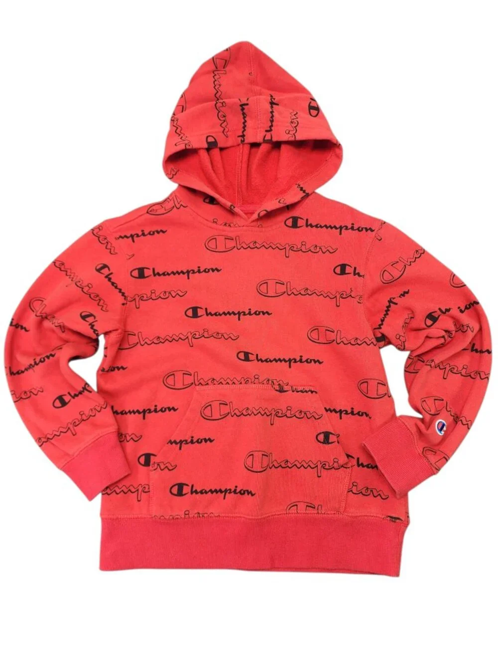 Champion Athletic Hoodie Sweatshirt Youth Size Small Red Graphic Logo AOP